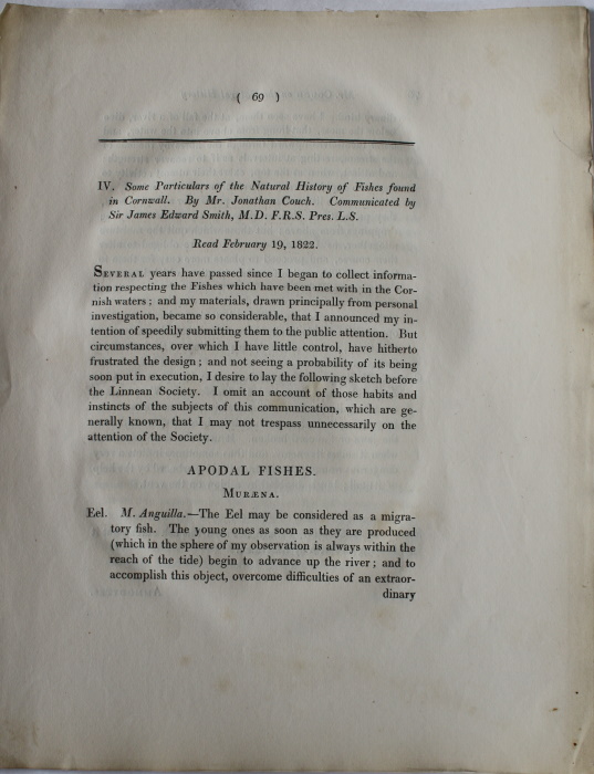Couch, J. - Some particulars of the natural history of fishes found in Cornwall