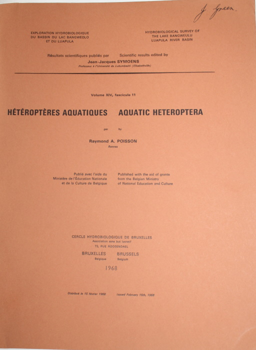 Poisson, R. - Htroptres Aquatiques - Aquatic Heteroptera (Hydrobiological Survey of the Lake Bangweulu Luapula River Basin, Vol. XIV, Fasc. 11)