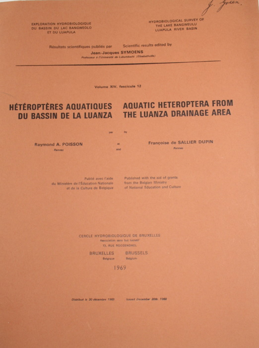 Poisson, R.; Sallier Dupin, F. de - Htroptres Aquatiques du Bassin de la Luanza - Aquatic Heteroptera from the Luanza Drainage Area (Hydrobiological Survey of the Lake Bangweulu Luapula River Basin, Vol. XIV, Fasc. 12)