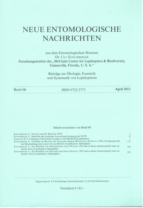 Eitschberger, U.; Yakovlev, R.V. - (1) Vorarbeit zur Revision der <i>Eumorpha obliquus</i> (Rothschild & Jordan, 1903)-Artengruppe mit der Beschreibung ener neuen Art aus Bolivien (Lepidoptera: Sphingidae); (2) Zur Kenntnis von <i>Macroglossum sitiene</i> Walker, 1856 und zu dieser phaenot