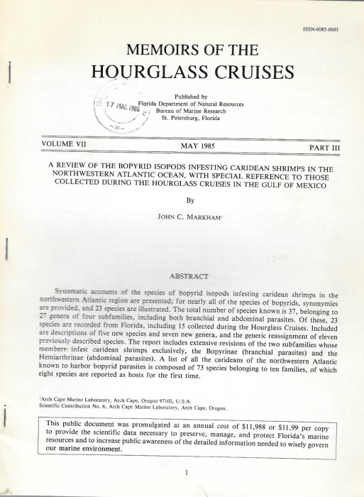 Markham, J.C. - A Review of the Bopyrid Isopods Infesting Caridean Shrimps in the Northwestern Atlantic Ocean, with Special Reference to those Collected during the Hourglass Cruises in the Gulf of Mexico