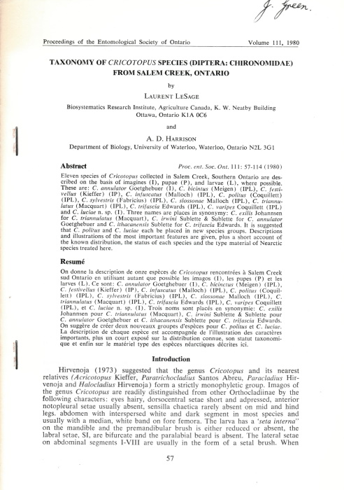 LeSage, L.; Harrison, A.D. - Taxonomy of Cricotopus species (Dptera: Chironomidae) from Salem Creek, Ontario