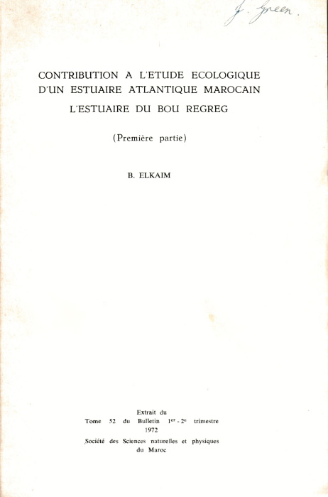 Elkaim, B. - Contribution  l Etude Ecologique d'un Estuaire Atlantique Marocain: l estuaire du Bou Regreg (premiere partie)
