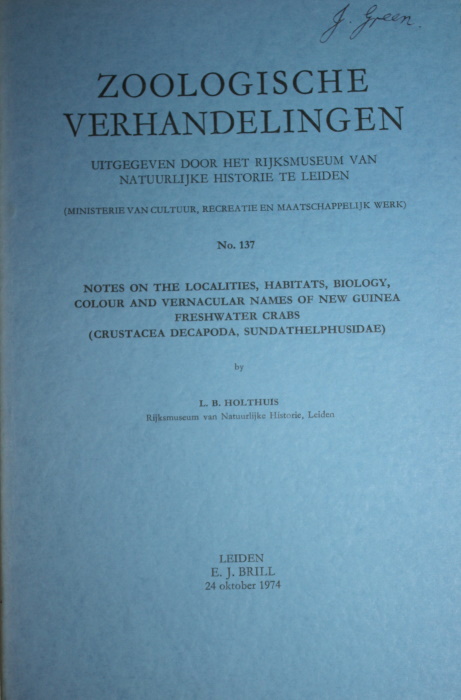 Holthuis, L.B. - Notes on the Localities, Habitats, Biology, colour and vernacular names of New Guinea Freshwater Crabs (Crustacea Decapoda, Sundathelphusidae)
