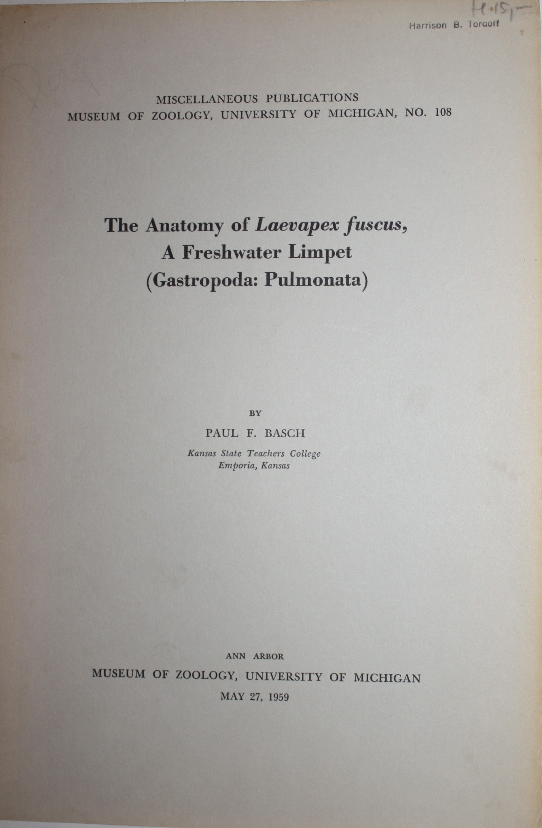 Basch, P.F. - Anatomy of <i>Laevapex fuscus</i>, a Freshwater Limpet (Gastropoda: Pulmonata)