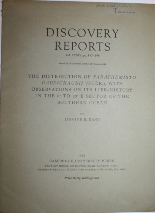 Kane, J.E. - The Distribution of <i>Parathemisto Gaudichaudii</i> (Guer.), with observations on its life-history in the 0 to 20 E Sector of the Southern Ocean (Discovery Reports Vol. XXXIV)