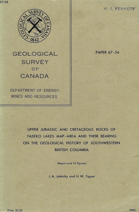 Jeletzky, J.A.; Tipper, H.W. - Upper Jurassic and Cretaceous Rocks of Taseko Lakes Map- Area and their Bearing on the Geological History of Southwestern British Columbia