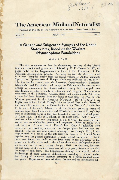 Smith, M.R. - Generic and Subgeneric Synopsis of the United States Ants, Based on the Workers (Hymenoptera: Formicidae)