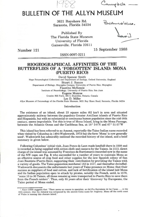 Smith, D.S.; Ramos, S.J.; McKenzie, F.; Munroe, E.; Miller, L.D. - Biogeographical affinities of the butterflies of a 'forgotten' island: Mona (Puerto Rico)