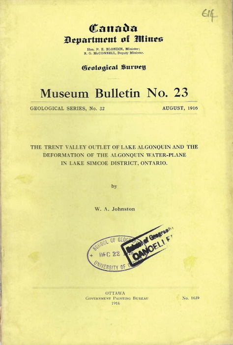 Johnston, W.A. - The Trent Valley Outlet of Lake Algonquin and the deformation of the Algonquin Water-Plane in Lake Simcoe District, Ontario.