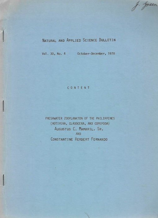 Mamaril, A.C.; Fernando, C.H. - Freshwater Zooplankton of the Philippines (Rotifera, Cladocera, and Copepoda)