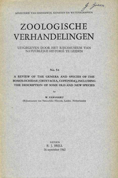 Vervoort, W. - A review of the genera and species of the Bomolochidae (Crustacea, Copepoda) including the description of some old and new species