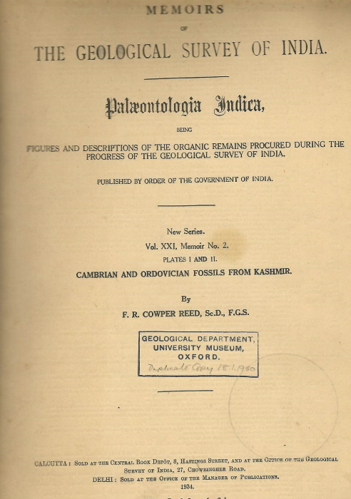Reed, F.R.C. - Cambrian and Ordovician Fossils from Kashmir