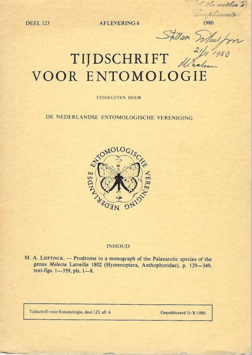 Lieftinck, M.A. - Prodrome to a monograph of the Palaearctic species of the genus <i>Melecta</i> Latreille 1802 (Hymenoptera, Anthophoridae)