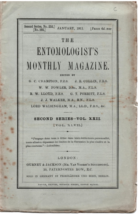 Champion, G.C.; Collin, J.E.; Fowler, W.W. et al - Entomologist's Monthly Magazine Vol. XLVII (1911)