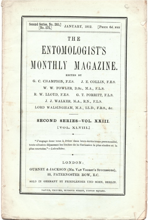 Champion, G.C.; Collin, J.E.; Fowler, W.W. et al - Entomologist's Monthly Magazine Vol. XLVIII (1912)