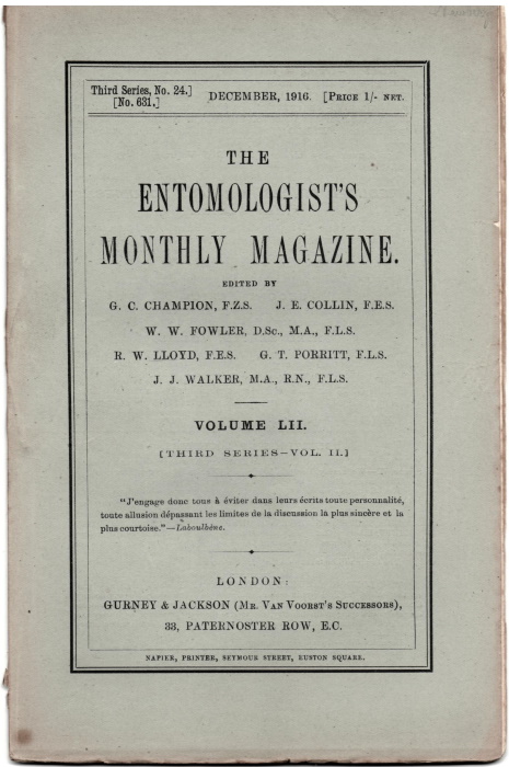 Champion, G.C.; Collin, J.E.; Fowler, W.W. et al - Entomologist's Monthly Magazine Vol. LII (1916)