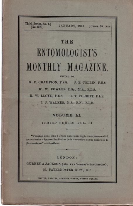 Champion, G.C.; Collin, J.E.; Fowler, W.W. et al - Entomologist's Monthly Magazine Vol. XLI (1915)