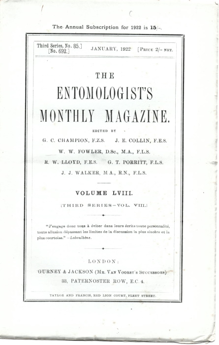  - Entomologist's Monthly Magazine Vol. LVIII (1922)