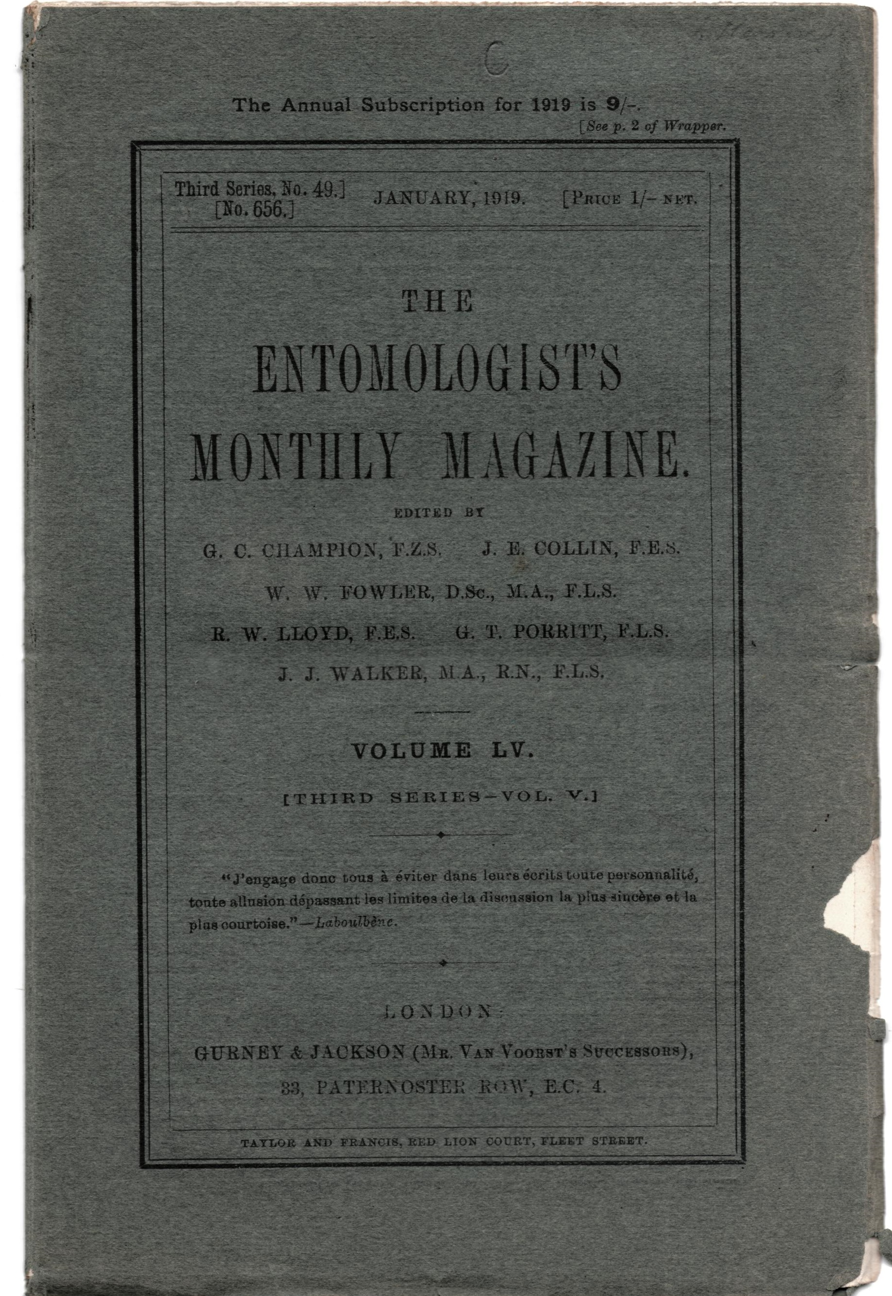 Champion, G.C.; Collin, J.E.; Fowler, W.W. et al - The Entomologist's Monthly Magazine Vol. 55 (1919)