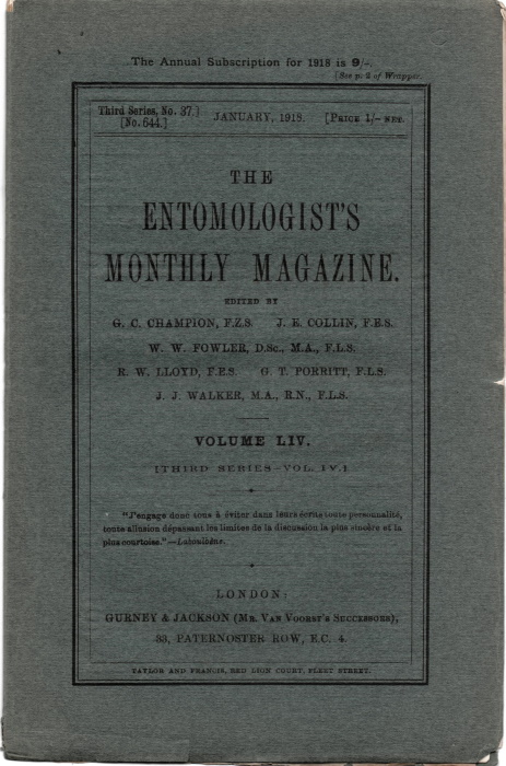 Champion, G.C.; Collin, J.E.; Fowler, W.W. et al - The Entomologist's Monthly Magazine Vol. 54 (1918)