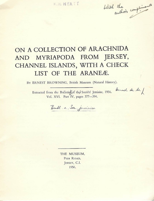Browning, E. - On a collection of Arachnida and Myriapoda from Jersey, Channel Islands, with a check list of the Araneae