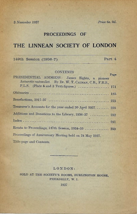 Calman, W.T. - James Eights; a pioneer Antarctic naturalist