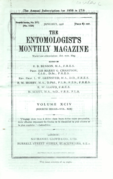  - Entomologist's Monthly Magazine Vol. 94 (1958)