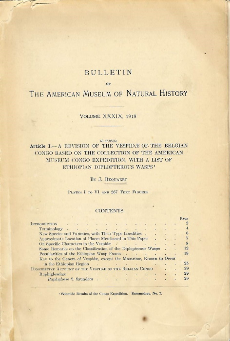 Bequaert, J. - A Revision of the Vespidae of the Belgian Congo Based on the Collection of the American Museum Congo Expedition, with a List of Ethiopian Diplopterous Wasps