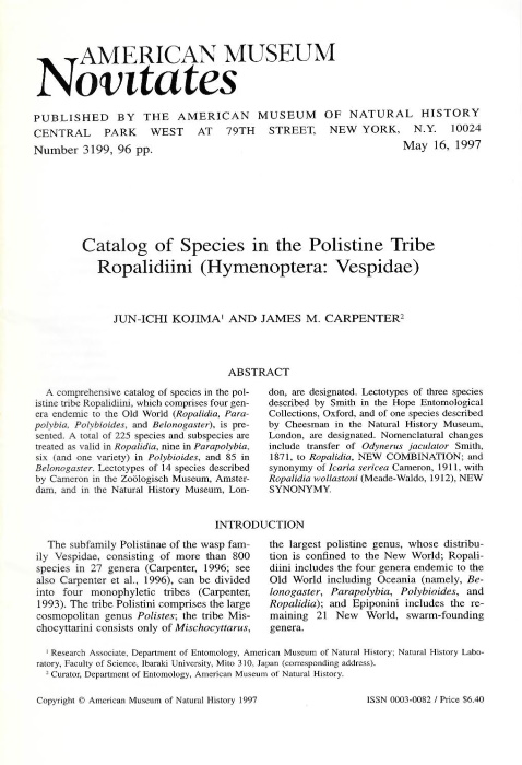Kojima, J.-I.; Carpenter, J.M. - Catalog of Species in the Polistine Tribe Ropalidiini (Hymenoptera: Vespidae)