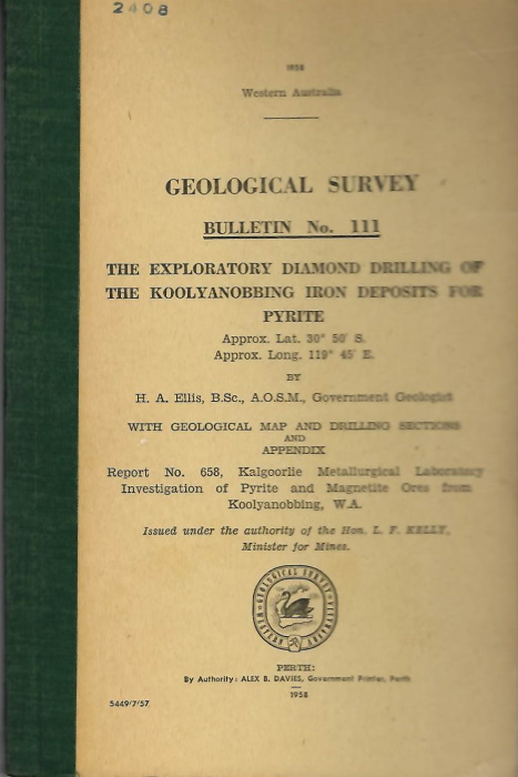 Ellis, H.A. - The Exploratory Diamond Drilling of the Koolyanobbing Iron Deposit for Pyrite. Approx Lat. 30 50'S. Approx. Long. 119 45'E (Western Australia Geological Survey. Bulletin No. 112)
