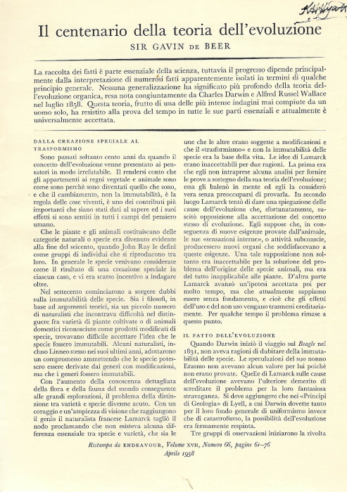 De Beer, G. - Il Centenarion della teoria dell'evoluzione