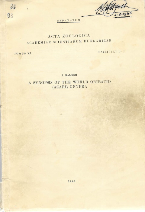 Balogh, J. - A Synopsis of the World Oribatid (Acari) Genera