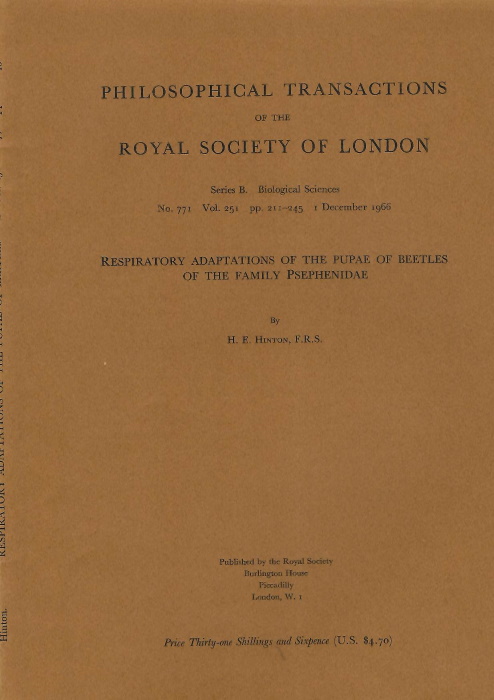 Hinton, H.E. - Respiratory adaptations of the pupae of beetles of the family Psephenidae