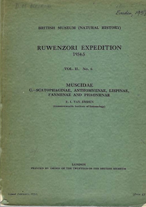Van Emden, F.I. - Ruwenzori Expedition 1934-5 Vol. 2 no.6 Muscidae C.-Scatophaginae, Anthomyiinae, Lispinae, Fanniinae and Phaoniinae