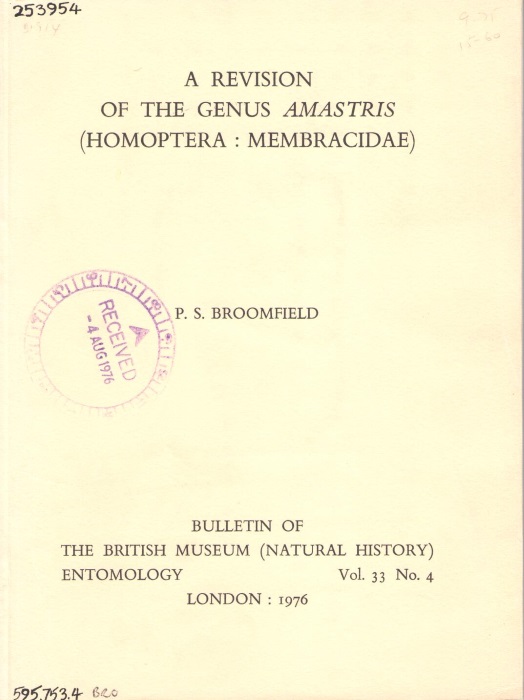 Broomfield, P.S. - A Revision of the Genus Amastris (Homoptera: Membracidae)