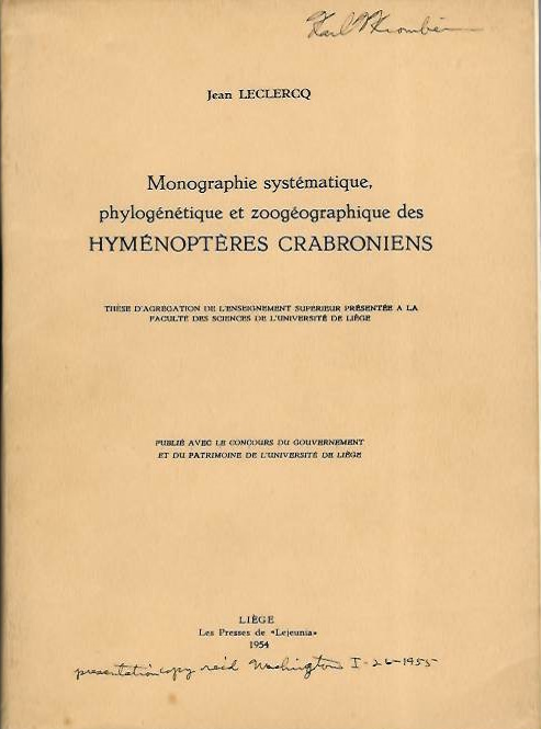 Leclercq, J. - Monographie systmatique, phylogntique et zoogographique des Hymnoptres Crabroniens
