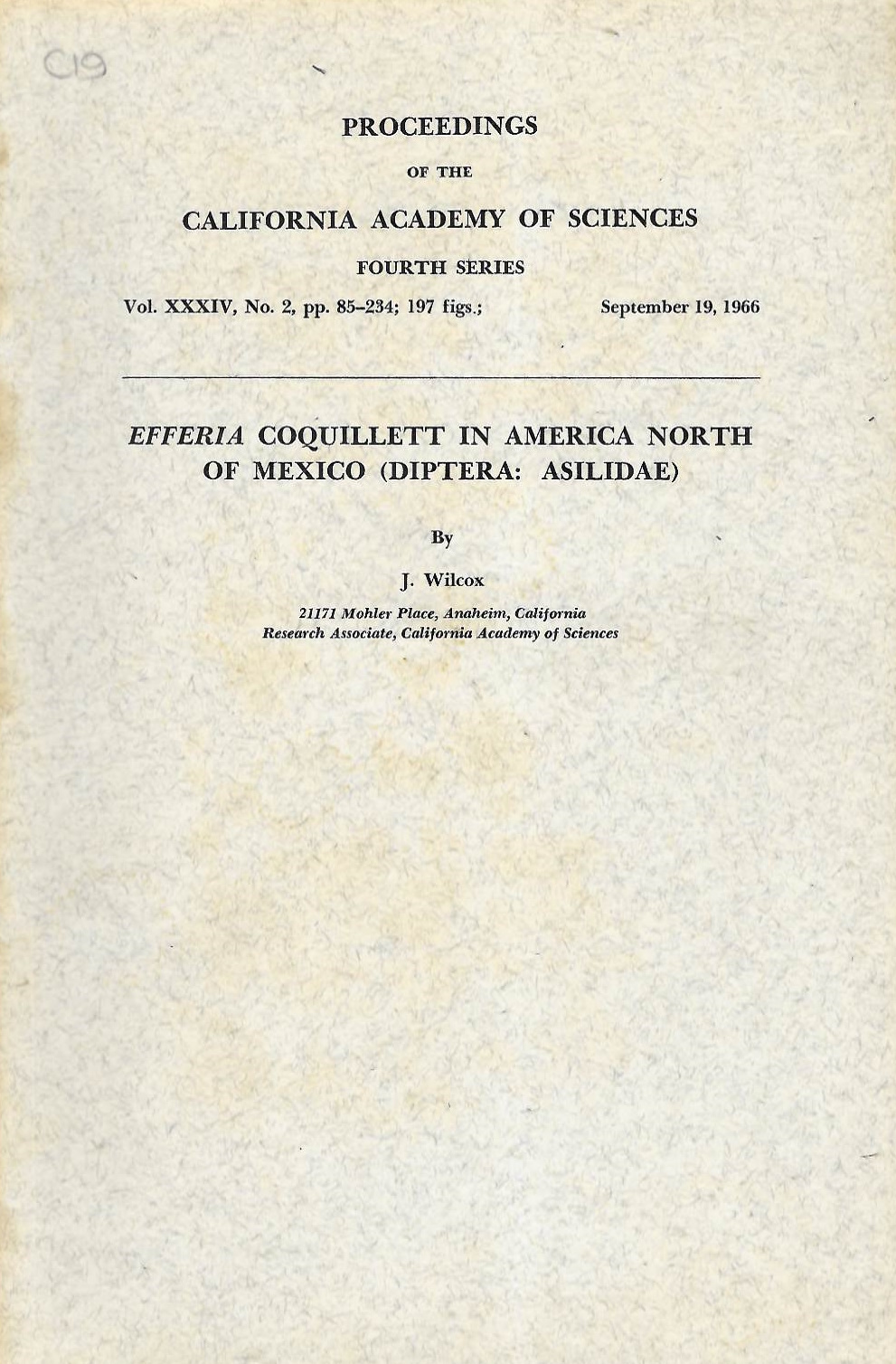 Wilcox, J. - <i>Efferia</i> Coquillett in America north of Mexico (Diptera: Asilidae)