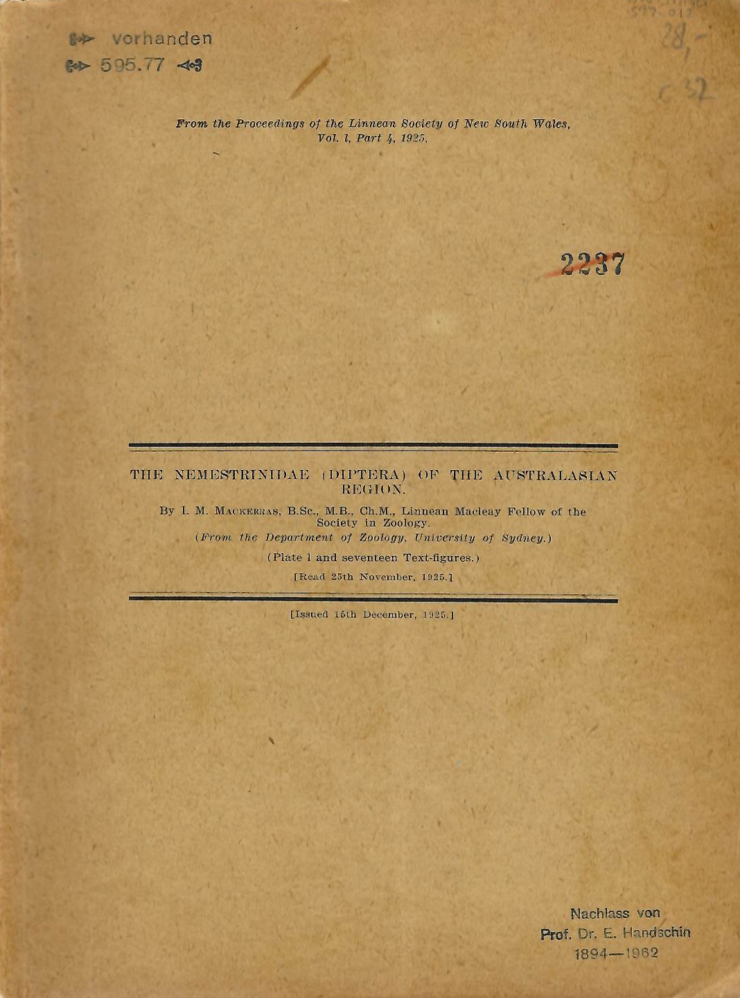 Mackerras, I.M. - Nemestrinidae (Diptera) of the Australasian Region
