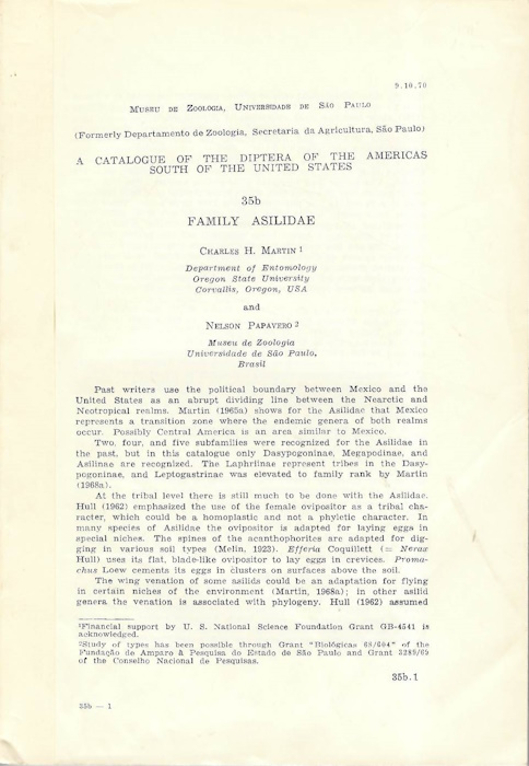 Martin, C.H.; Papavero, N. - A Catalogue of the Diptera of the Americas south of the United States 35b: Family Asilidae