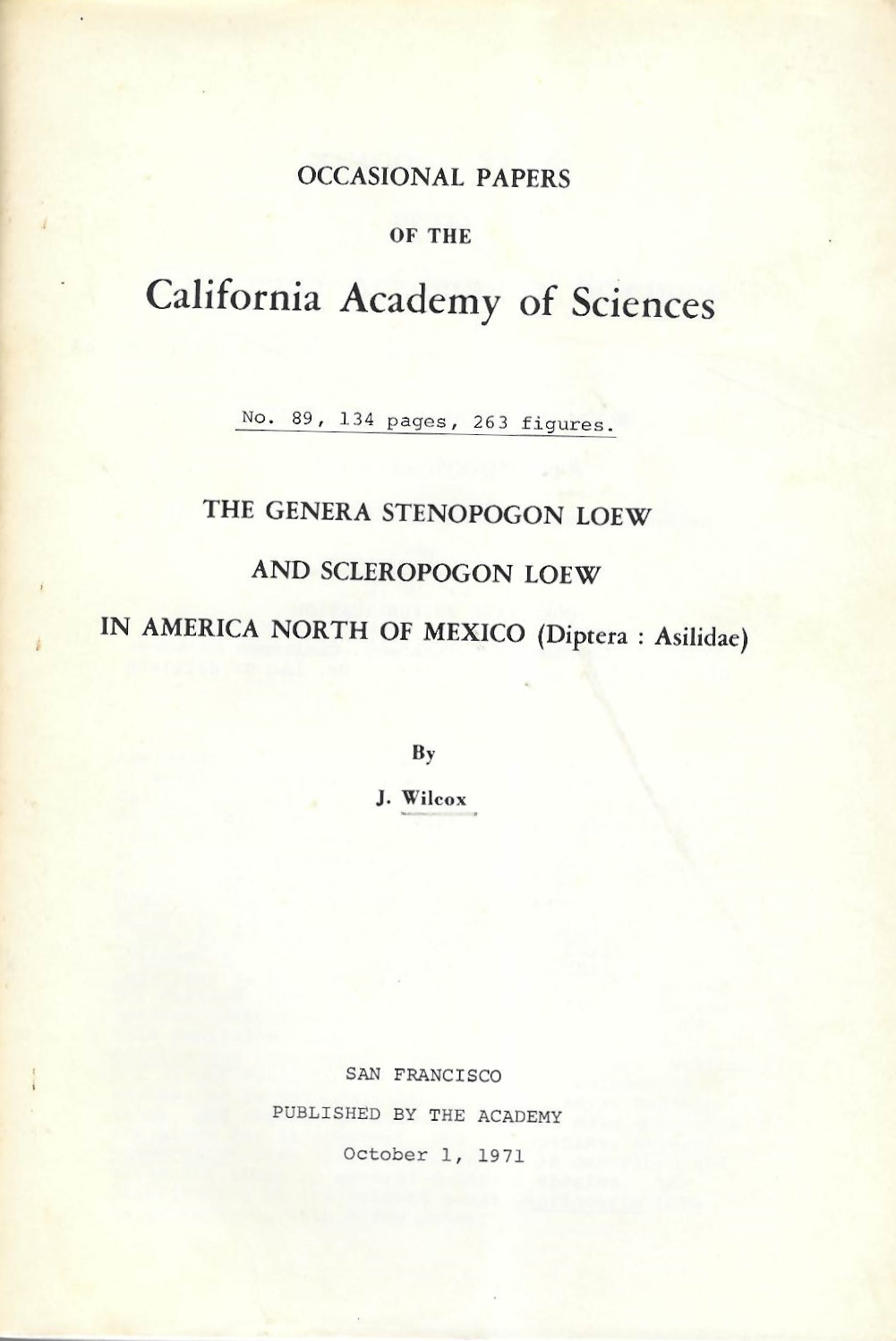 Wilcox, J. - The Genera <i>Stenopogon</i> Loew and <i>Scleropogon</i> Loew in America North of Mexico (Diptera: Asilidae)