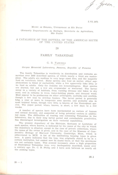 Fairchild, G.B. - A Catalogue of the Diptera of the Americas south of the United States No. 28: Tabanidae