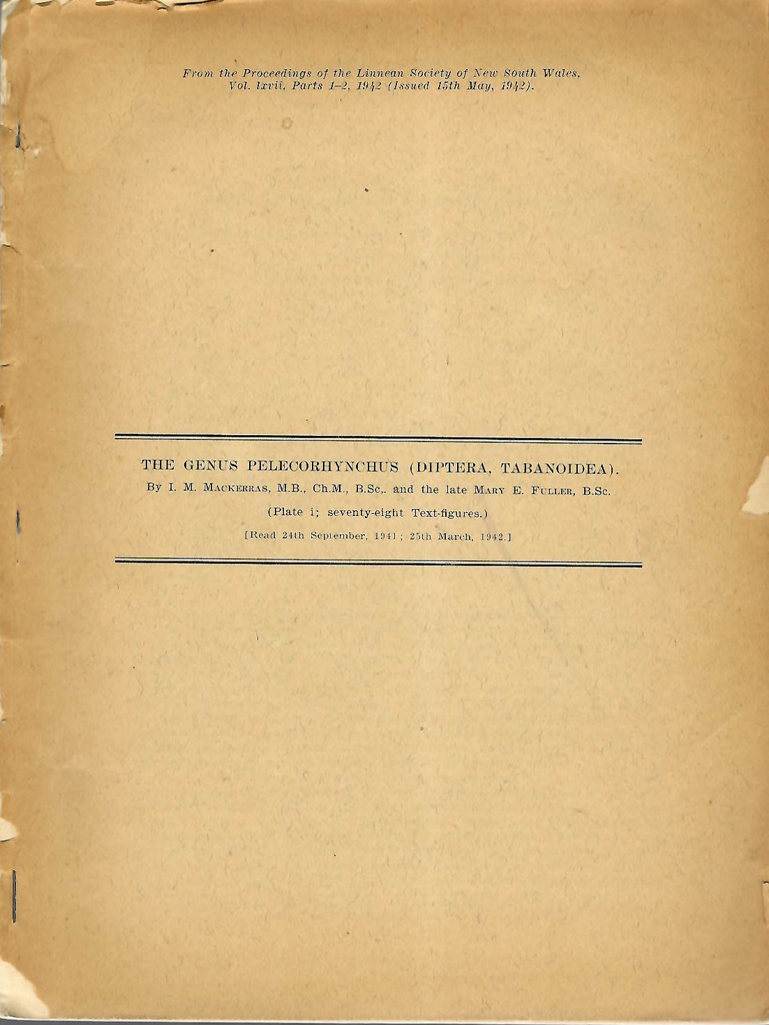Mackerras, I.M.; Fuller, M.E. - The Genus <i>Pelecorhynchus</i> (Diptera, Tabanoidea)