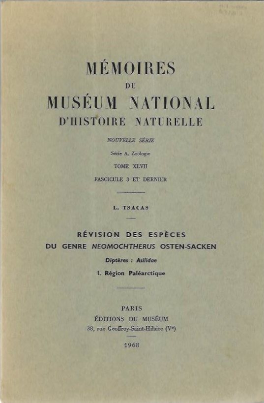 Tsacas, L. - Rvision des espces du genre <i>Neomochtherus</i> Osten-Sacken Diptres: Asilidae 1. Region Palarctique