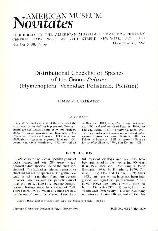 Carpenter, J.M. - Distributional Checklist of Species of the Genus <i>Polistes</i> (Hymenoptera: Vespidae; Polistinae; Polistini)