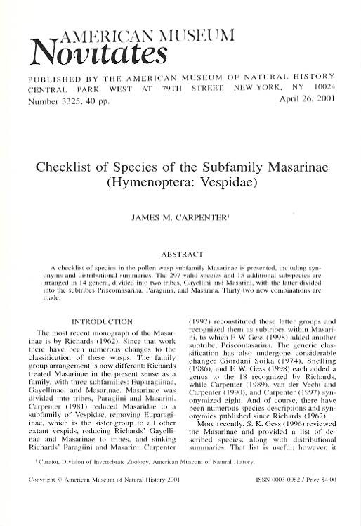 Carpenter, J.M. - Checklist of Species of the Subfamily Masarinae (Hymenoptera: Vespidae)