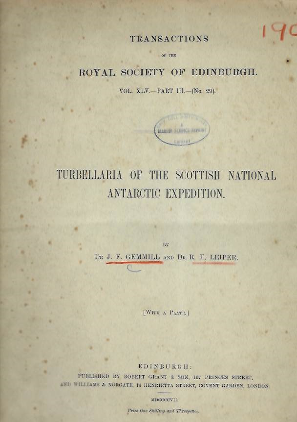Gemmill, J.F.; Leiper, R.T. - Turbellaria of the Scottish National Antarctic Expedition