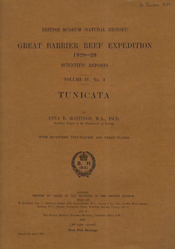 Hastings, A.B. - Great Barrier Reef Expedition 1928-29. Scientific Reports. Vol. IV, No. 3: Tunicata