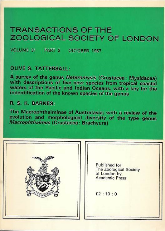 Tattersall, O.S.; Barnes, R.S.k. - (1) A survey of the genus <i>Heteromysis</i> (Crustacea: Mysidacea) with descriptions of five new species from tropical coastal waters of the Pacific and Indian Oceans, with a key for the identification of the known species of the genus; (2) The Macrophth