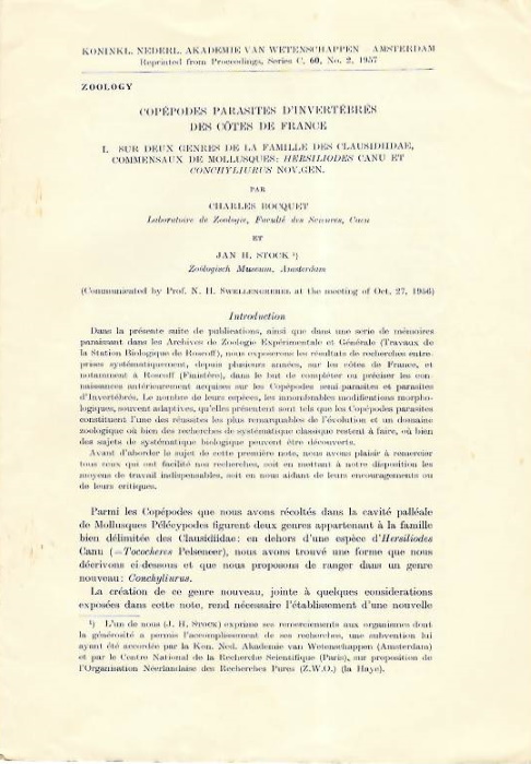 Bocquet, C.; Stock, J.H. - Coppodes Parasites d'invertbrs des Cotes de France